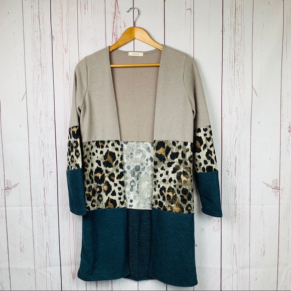 Color Block Cardigan Contrast Leopard Print - Picture 2 of 5